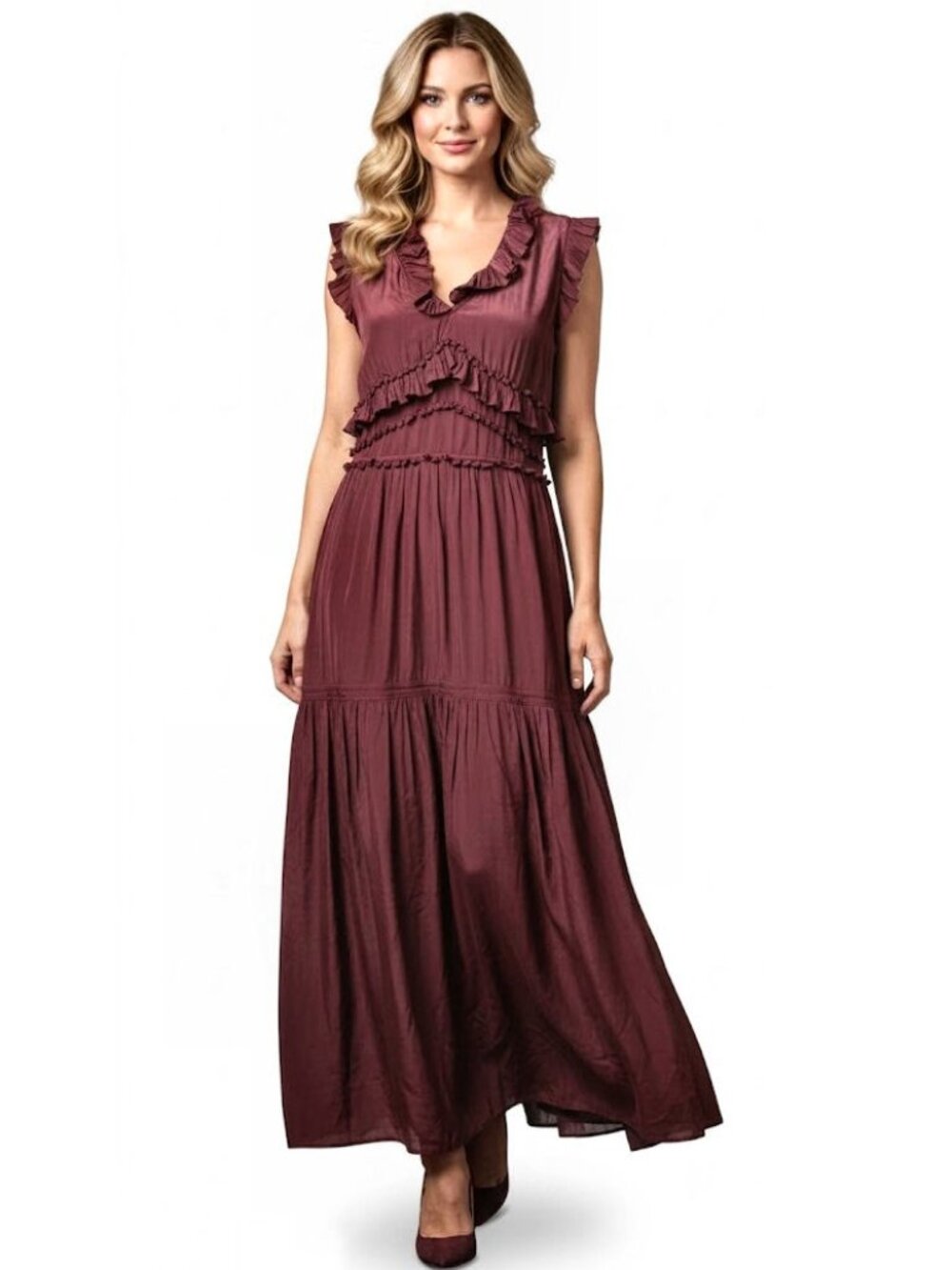 Sea New York Ruffled V-Neck Silk Port Maxi Dress Size 10, NWOT